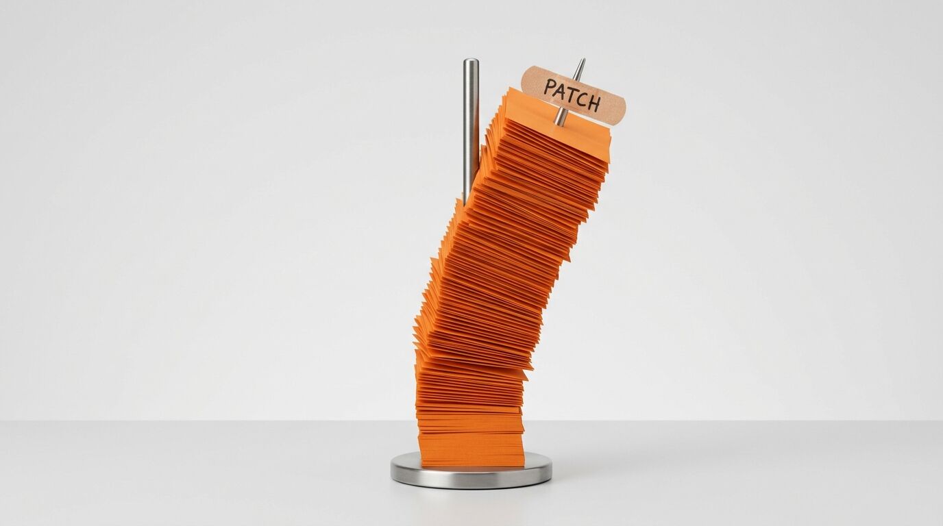 Stapel orangefarbener Notizzettel auf einem Metallhalter mit Pflaster oben