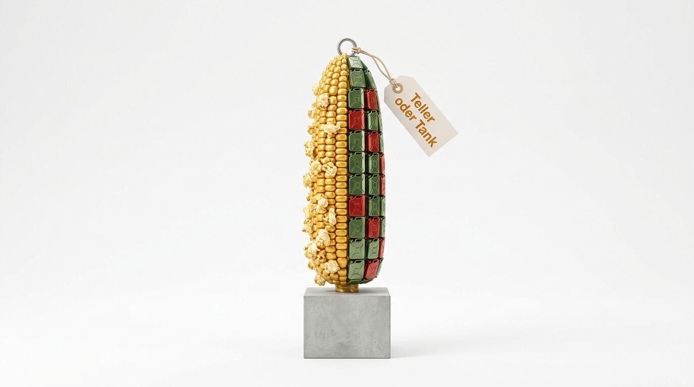 Skulptur: Maiskolben aus Popcorn und kleinen Kanistern auf Betonsockel mit Etikett