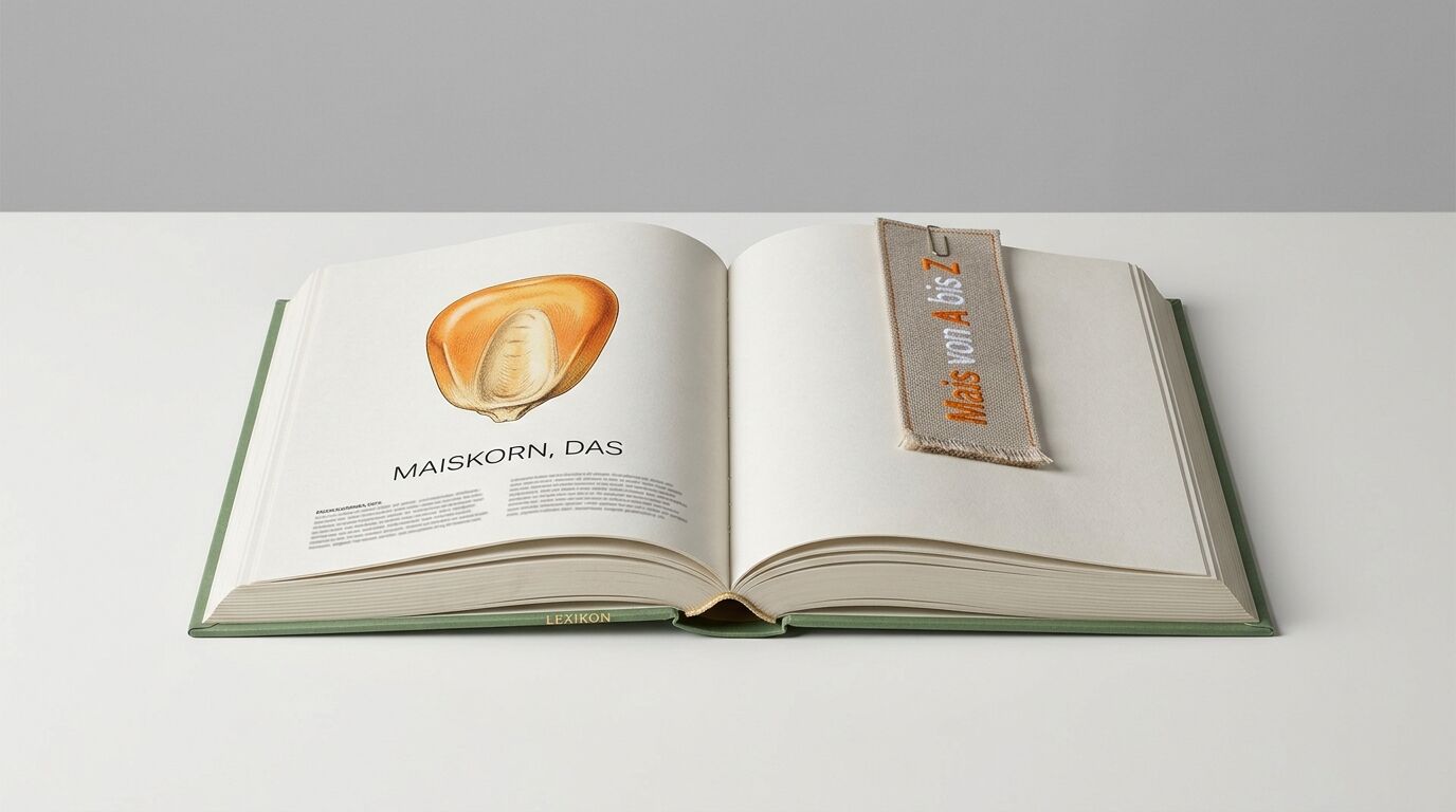 Ein geöffnetes Buch mit Maiskorn-Zeichnung und einem bestickten Lesezeichen