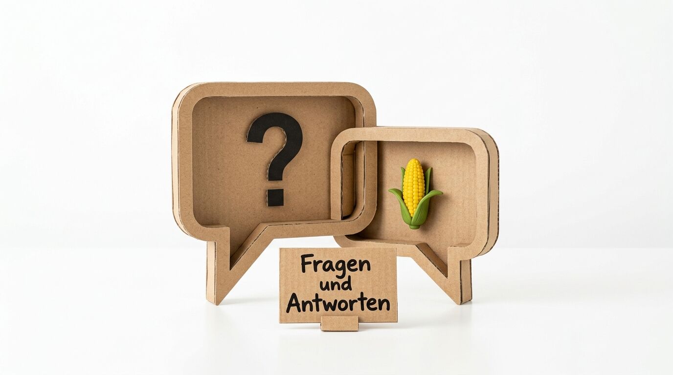 Zwei Karton-Sprechblasen mit Fragezeichen und Maiskolben sowie Schild „Fragen und Antworten“