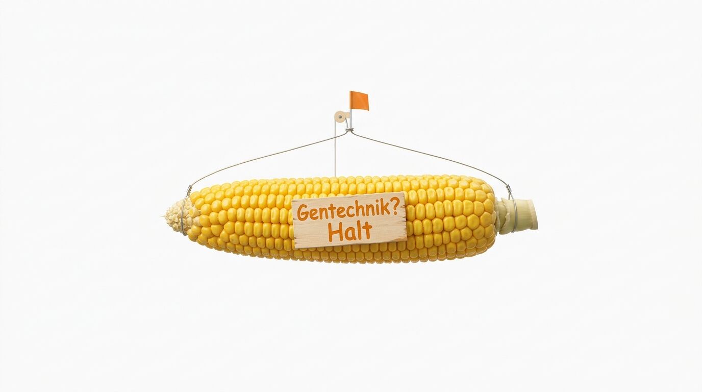 Maiskolben mit Holzschild „Gentechnik? Halt“, an Draht aufgehängt, davor weiße Fläche