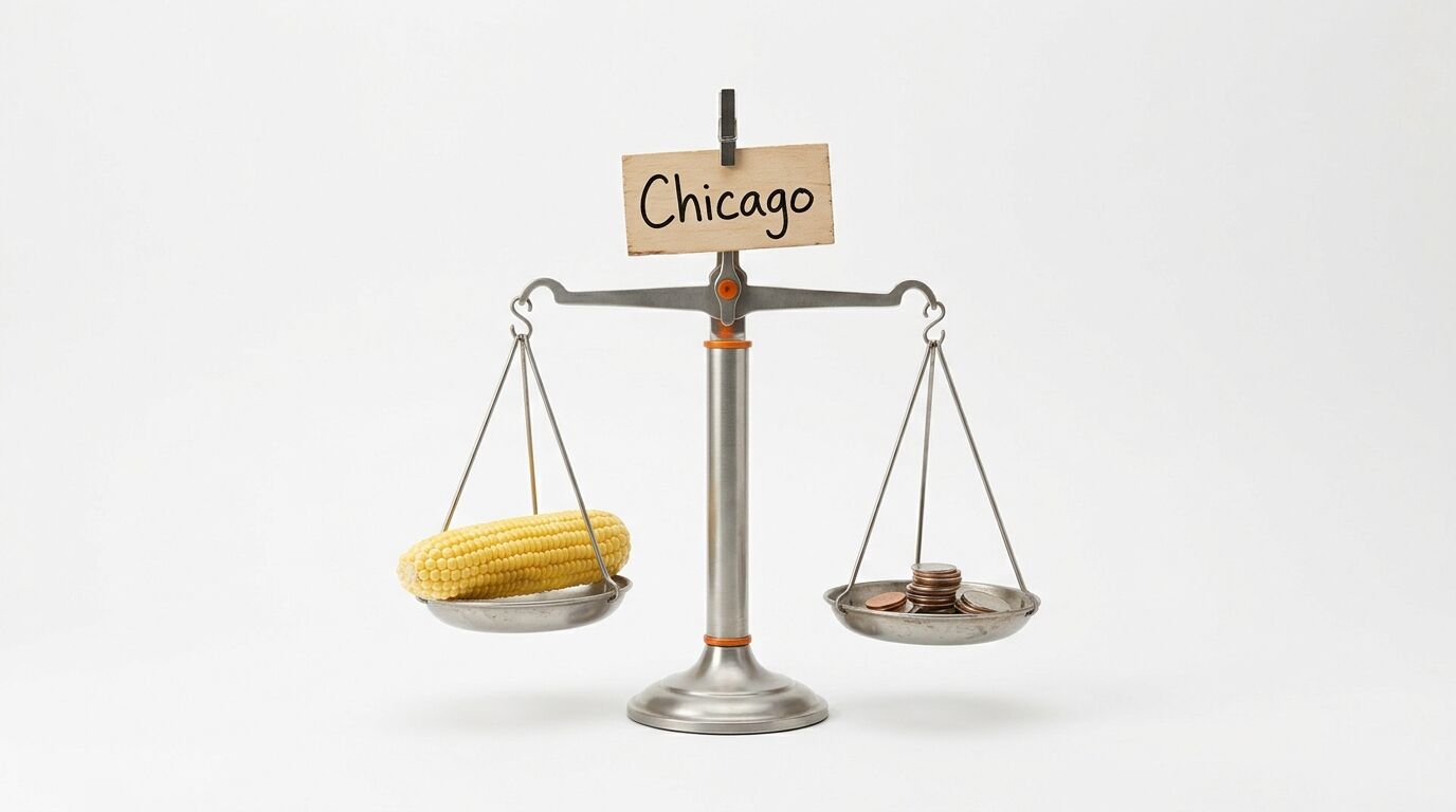 Eine Waage mit Maiskolben, Münzen und einem Schild „Chicago“ auf weißem Grund