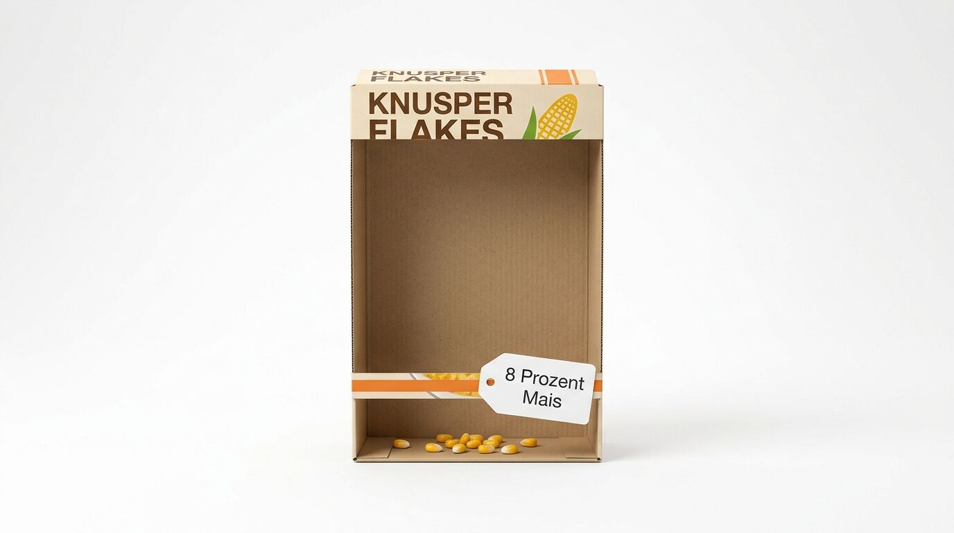 Leere Müsliverpackung mit Maiskörnern und einem Schild „8 Prozent Mais“