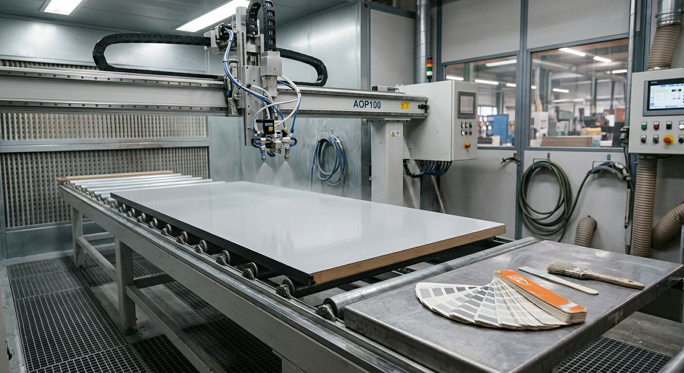 Industrielle Lackieranlage beim Beschichten einer Platte