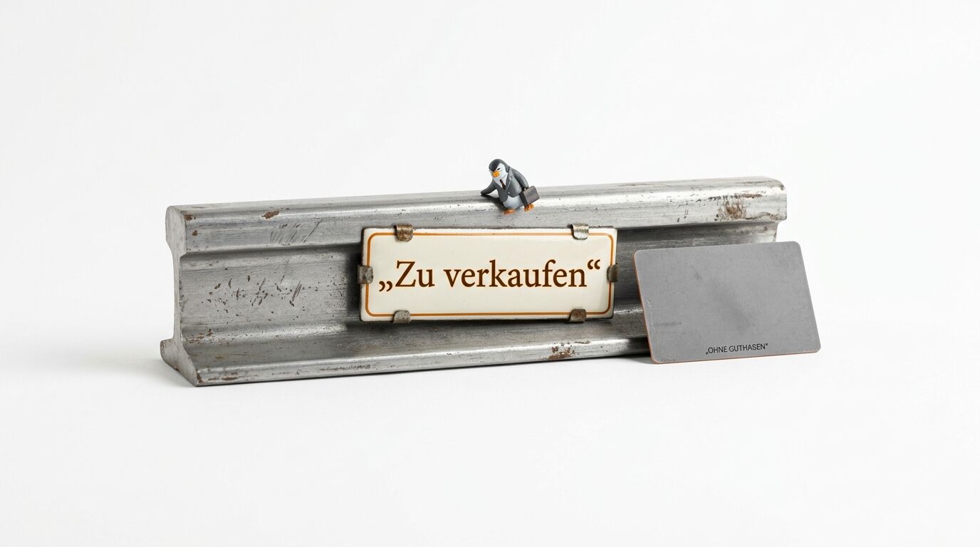 Metallstück mit Schild „Zu verkaufen“, Pinguinfigur und Metallkarte, isoliert auf Weiß