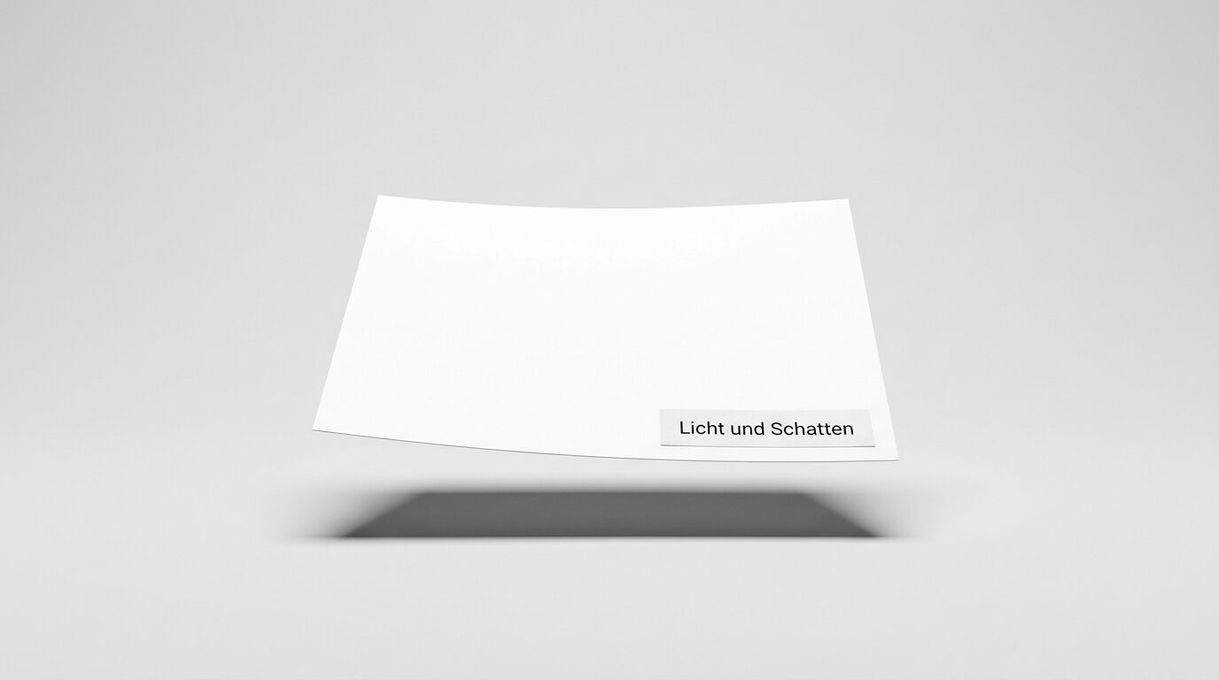 Schwebendes weißes Papier mit Aufdruck „Licht und Schatten“ und Schattenwurf auf grauem Grund