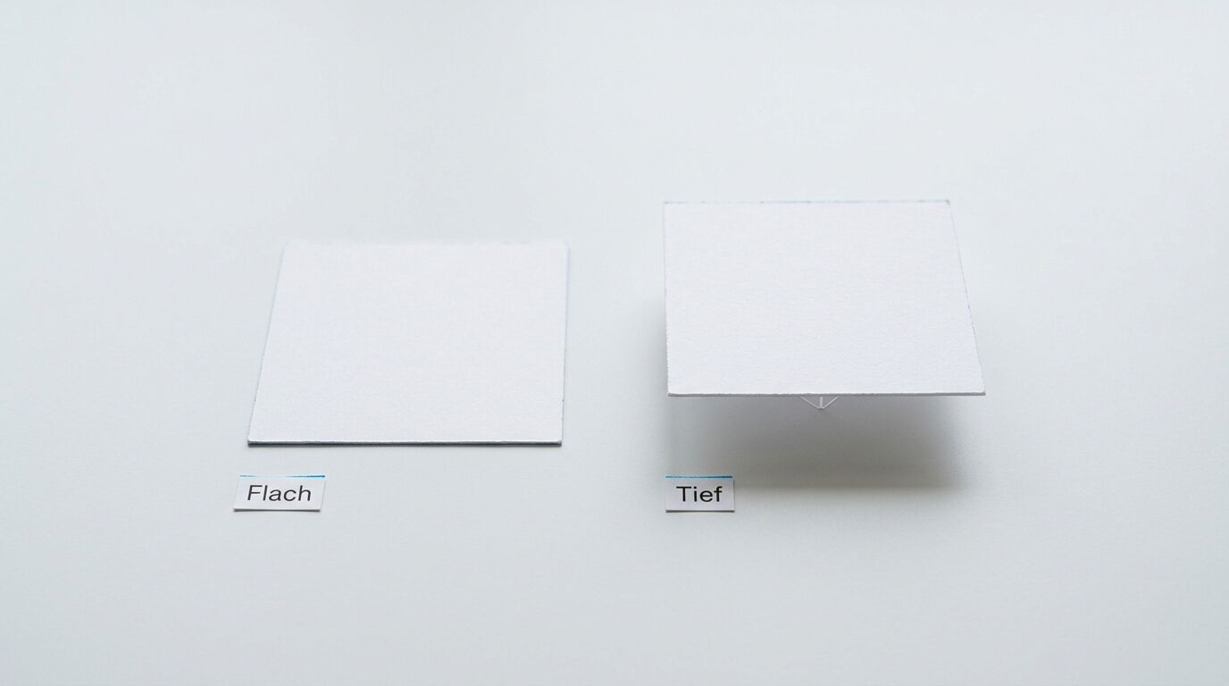 Zwei Quadrate auf Weiß mit Schildern: links „Flach“ (liegend), rechts „Tief“ (erhaben mit Schatten)