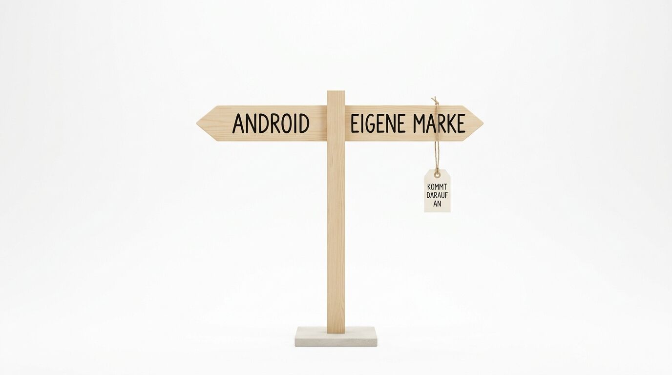 Ein Holzwegweiser zeigt nach links „ANDROID“ und nach rechts „EIGENE MARKE“ mit einem Anhänger