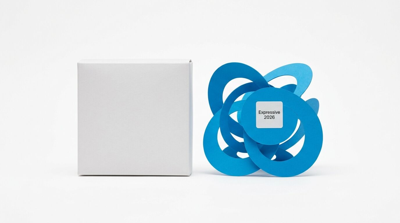 Eine weiße Schachtel neben einer abstrakten blauen Papierskulptur mit dem Aufdruck 