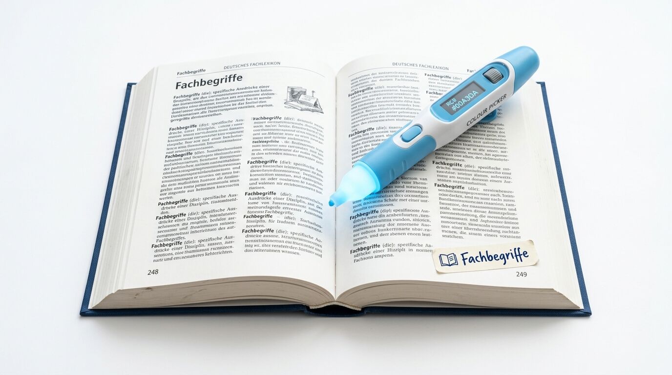 Digitaler Farbscannstift mit leuchtender Spitze scannt Text im Buch 
