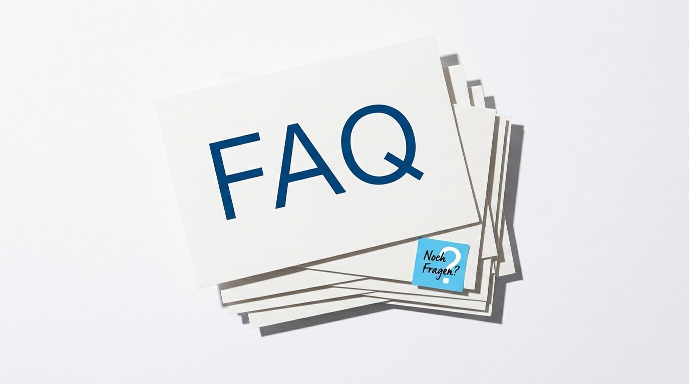 Stapel weiße Karteikarten mit Aufschrift „FAQ“ und einem blauen Klebezettel