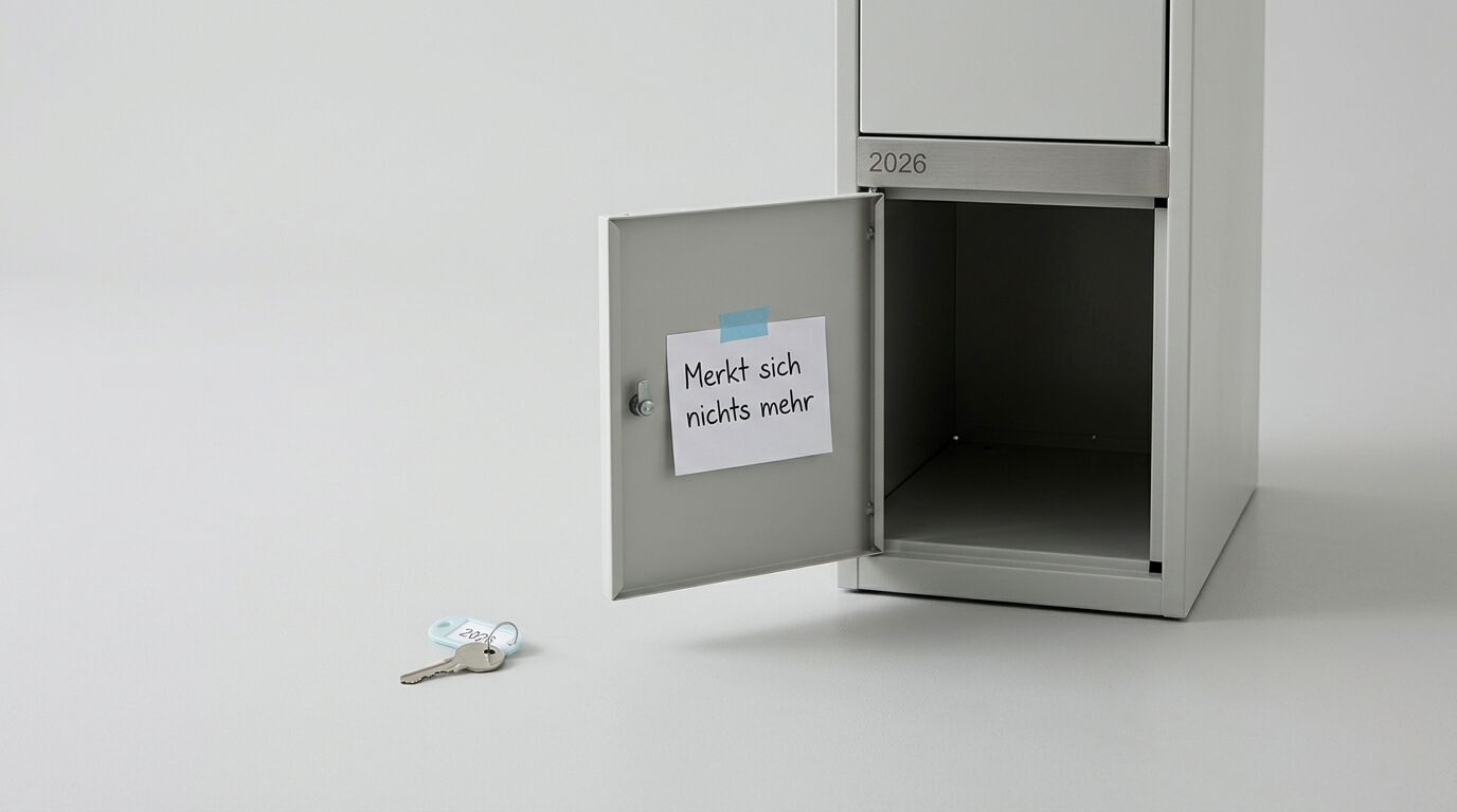 Ein offenes Schließfach Nr. 2026 mit Notiz „Merkt sich nichts mehr“ und ein Schlüssel davor