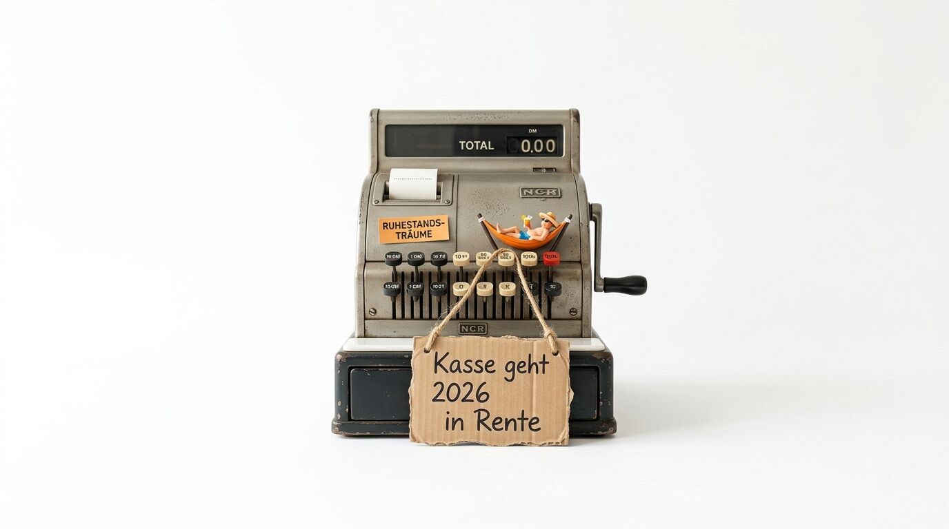 Alte Registrierkasse mit Miniatur-Urlauber und Schild: „Kasse geht 2026 in Rente“