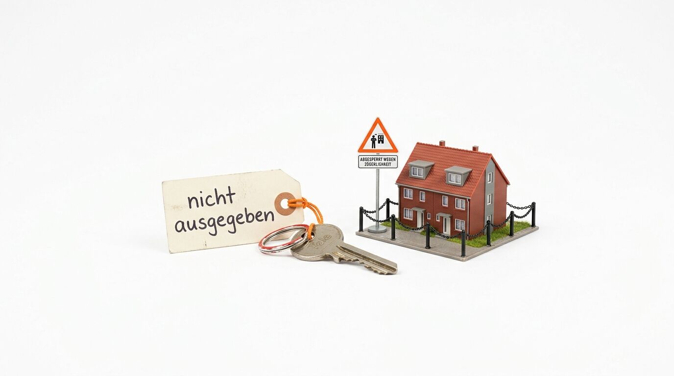 Hausmodell, Schlüssel und Anhänger mit Aufschrift „nicht ausgegeben“ auf Weiß