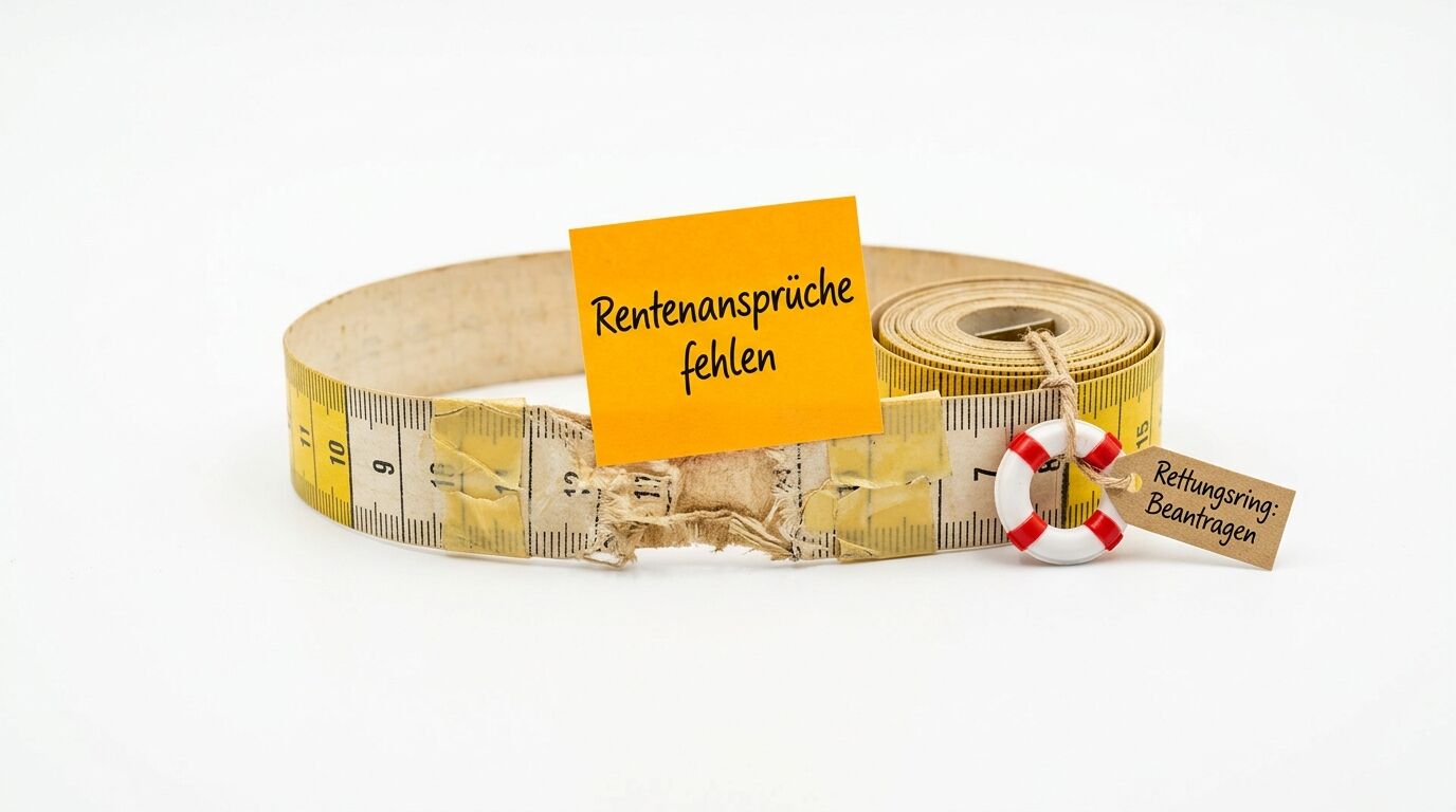 Kaputtes Maßband mit Notiz „Rentenansprüche fehlen“ und kleinem Rettungsring mit Tag