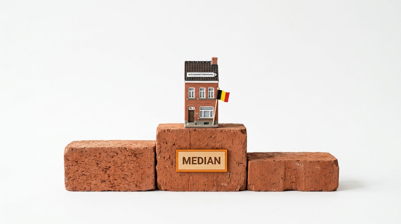 Modellhaus mit Belgien-Flagge auf einem Ziegel-Podest mit der Aufschrift „MEDIAN“