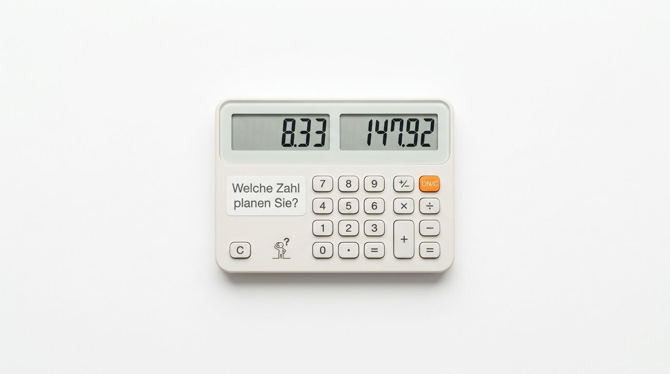 Draufsicht auf einen weißen Taschenrechner mit zwei Displays und deutscher Beschriftung