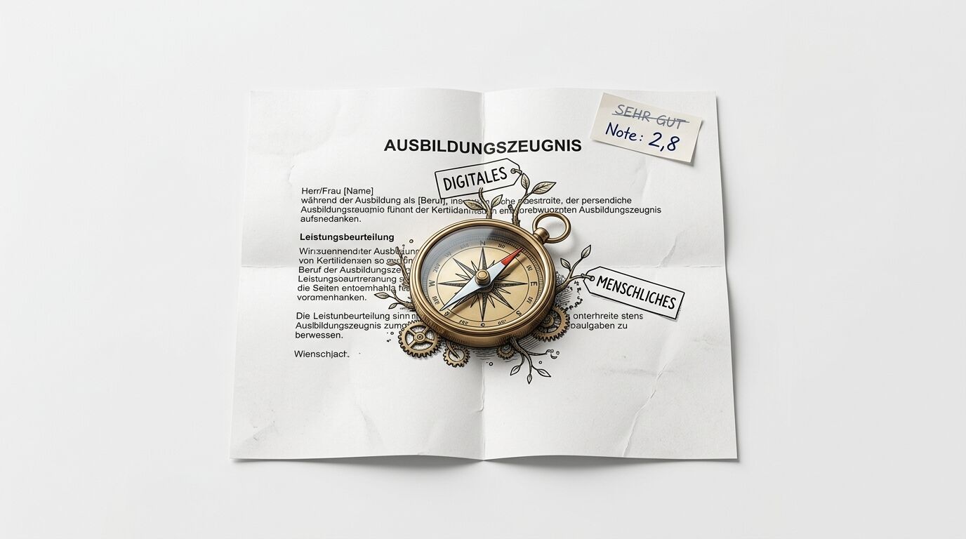 Zeugnis mit Kompass und Zahnrädern, beschriftet mit „Digitales“ und „Menschliches“, Note 2,8
