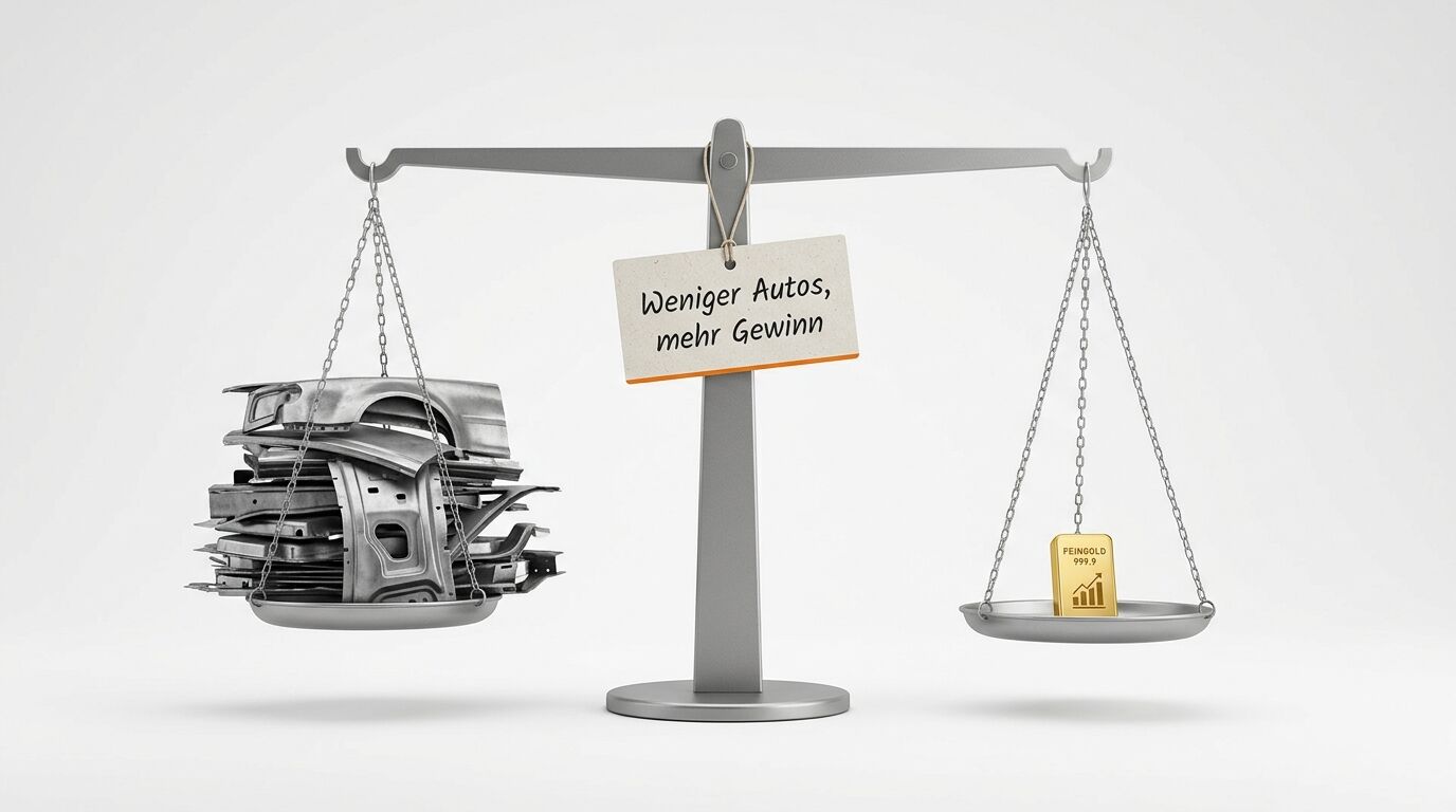 Waage mit Autoteilen und Goldbarren, Schild: „Weniger Autos, mehr Gewinn“