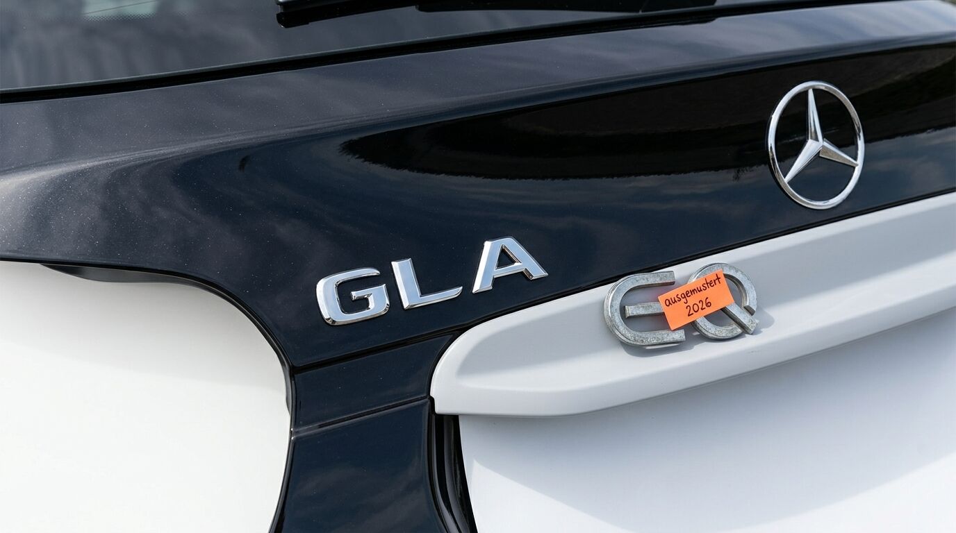 Ein schwarzes Mercedes GLA Heck mit orangefarbenem Aufkleber am EQ-Schriftzug