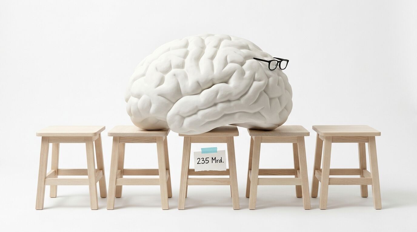 Gehirn-Modell mit Brille auf fünf Hockern, mittiger Zettel mit Aufschrift „235 Mrd.“, weiß