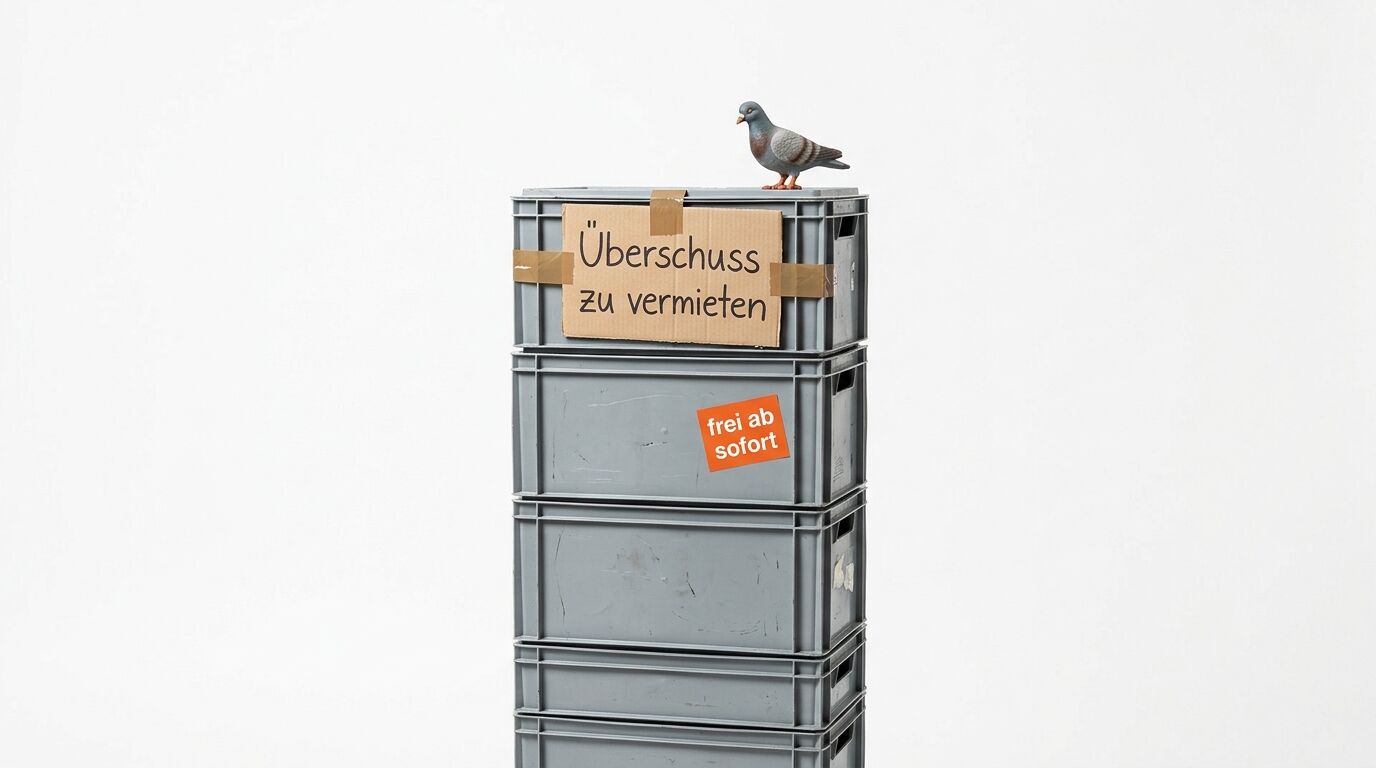 Stapel grauer Kisten, Taube oben, Schild „Überschuss zu vermieten“ und Aufkleber „frei ab sofort“