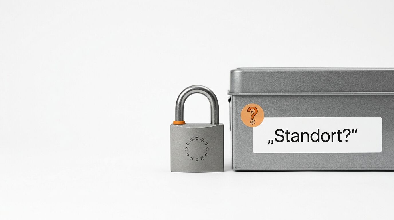 Vorhängeschloss mit EU-Sternen und graue Metallbox mit Text „„Standort?““ auf weißem Hintergrund