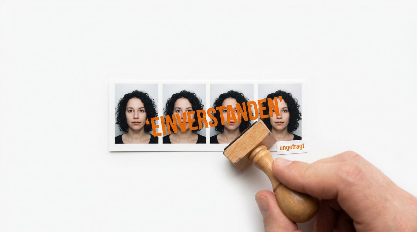 Passfotos, darüber oranger Stempel ‚EINVERSTANDEN‘, darunter klein ‚ungefragt‘. Eine Hand stempelt