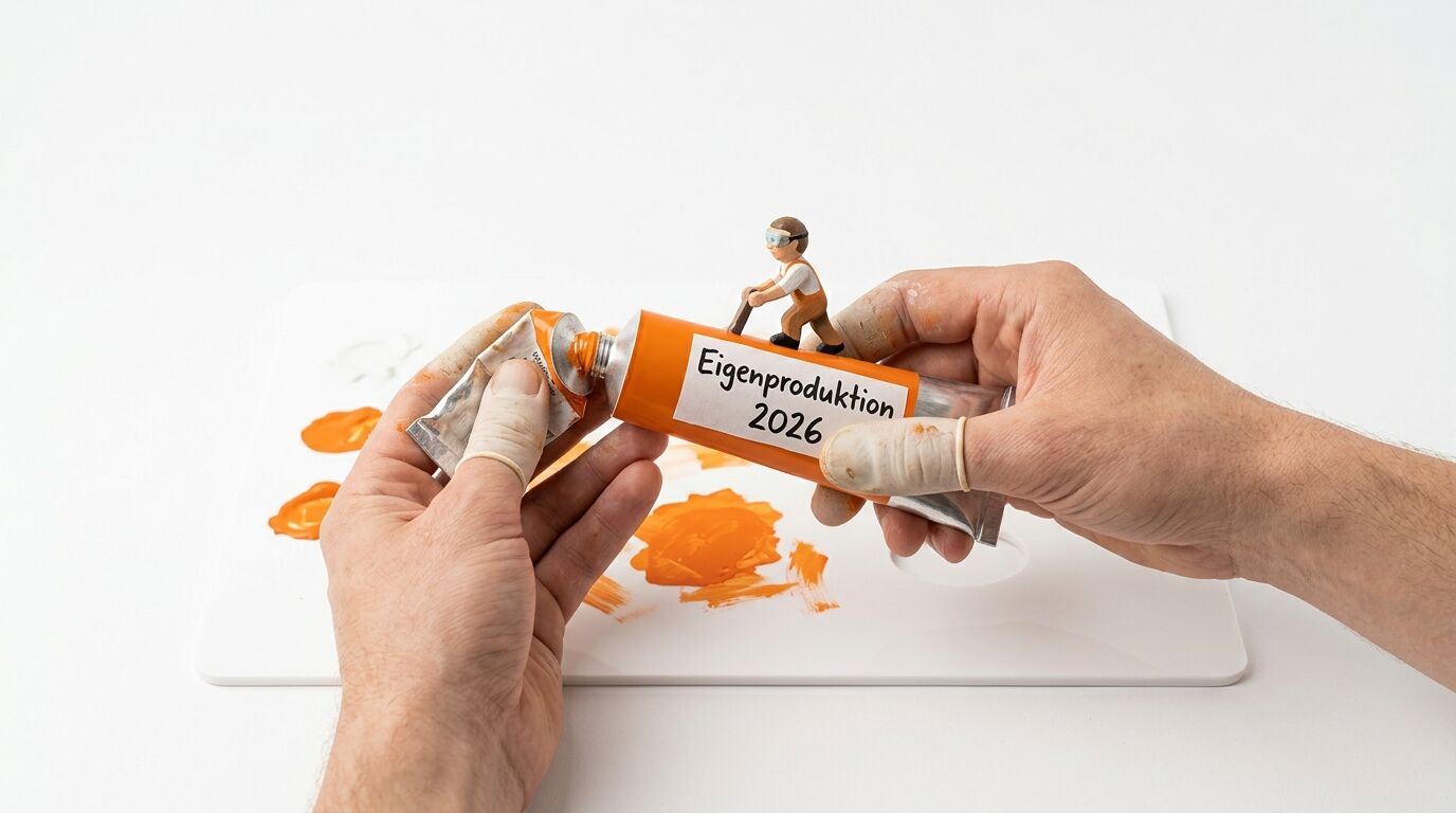 Hände pressen orange Farbe aus Tube mit Label „Eigenproduktion 2026“, Minifigur mit Schaber darauf