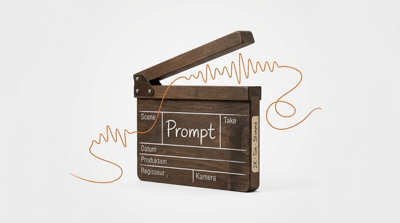 Hölzerne Filmklappe mit der Aufschrift „Prompt“ und gezeichneter Schallwelle vor hellem Hintergrund