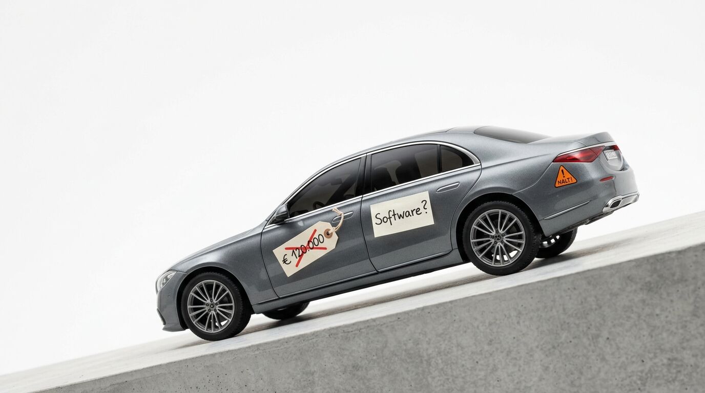 Silberne Limousine auf Beton, handschriftlicher Preis 120.000, Aufkleber Software?, Nalt!-Schild
