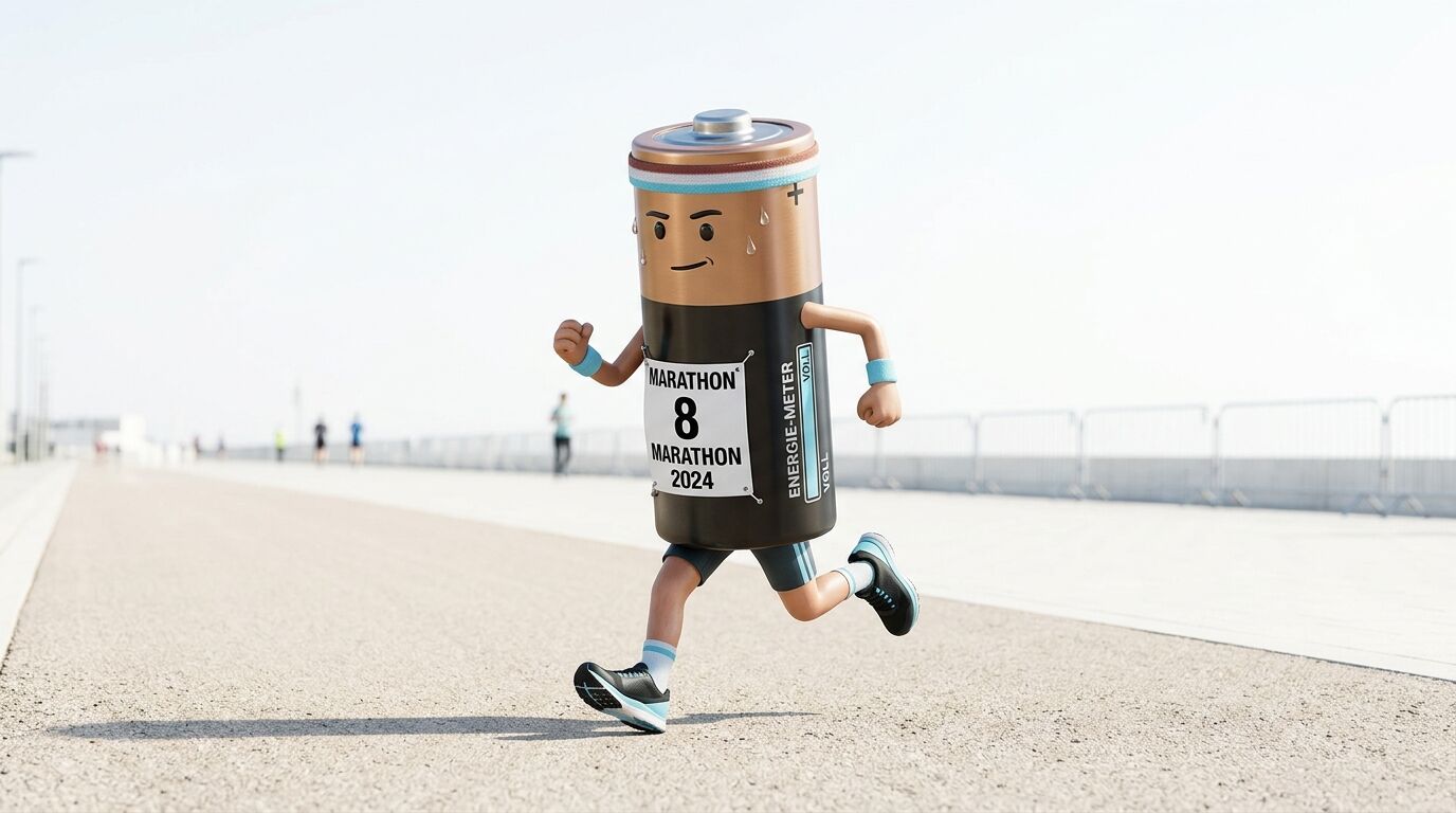 Renner als Batterie mit Startnummer 8 und Schweißbändern auf Asphalt, im Hintergrund Geländer
