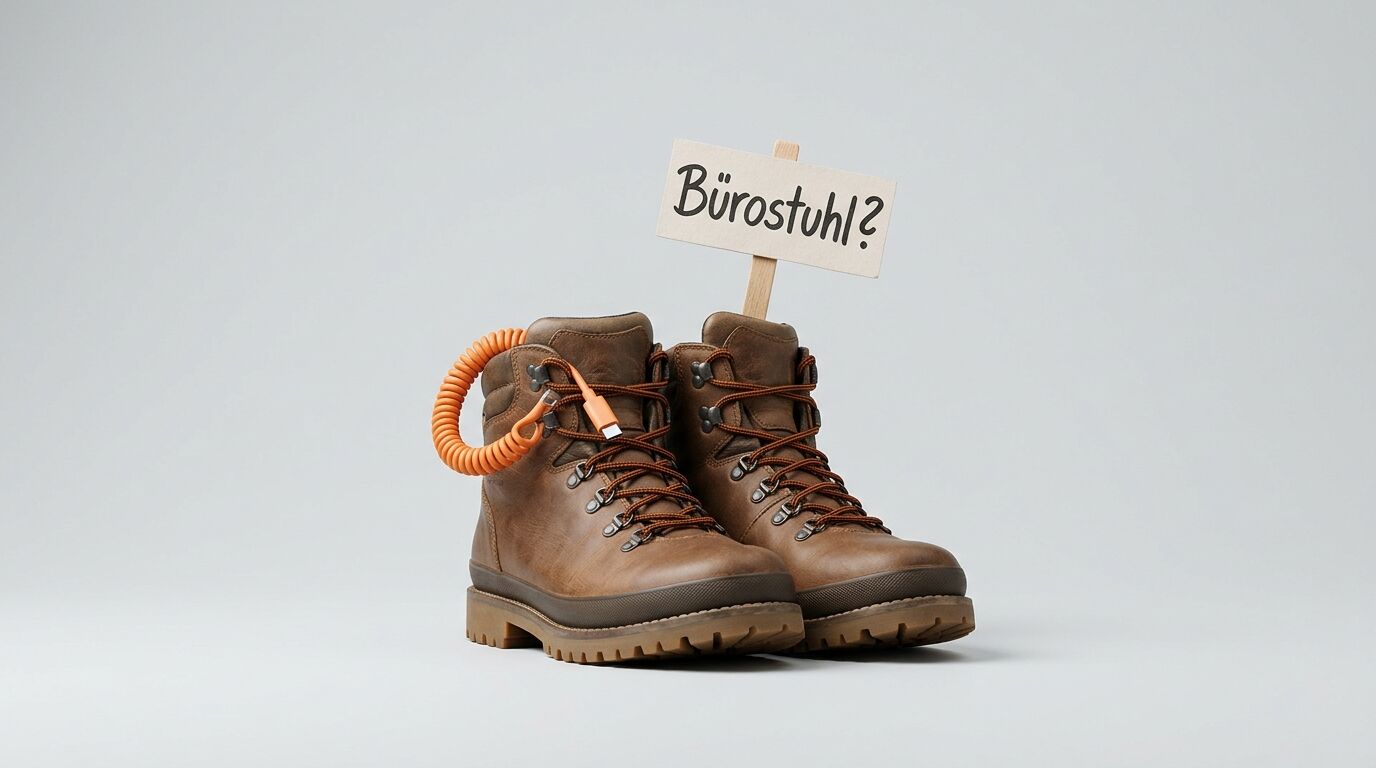 Wanderschuhe mit orangefarbenem Spiralkabel und Schild „Bürostuhl?“