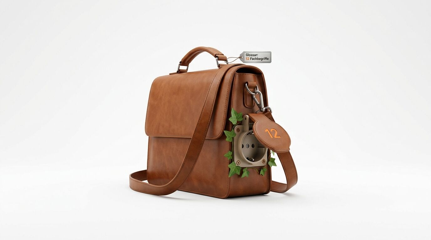 Braune Ledertasche vor weißem Grund mit einer Steckdose an der Seite, Efeu und Anhängern