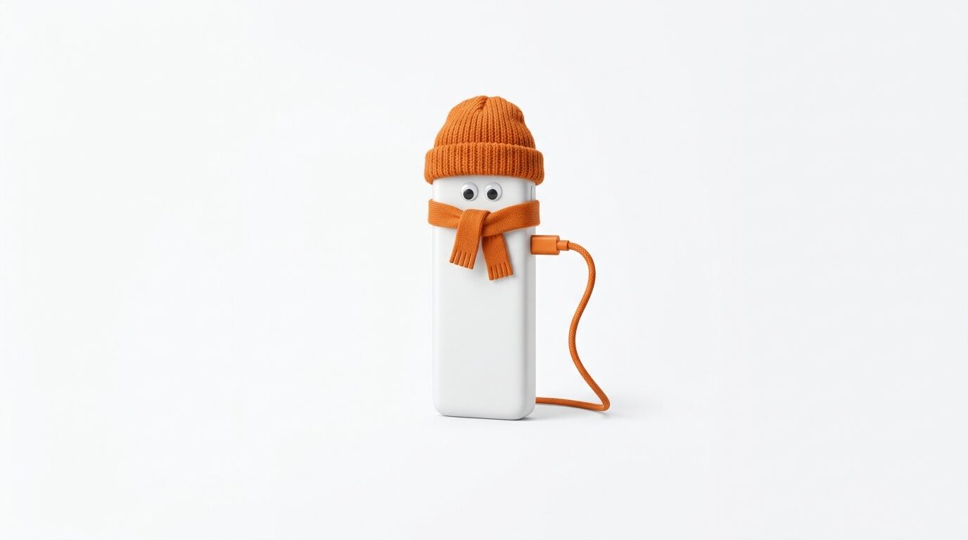 Ein weißes Elektrogerät mit Mütze, Schal, Augen und orangefarbenem Ladekabel auf weißem Grund