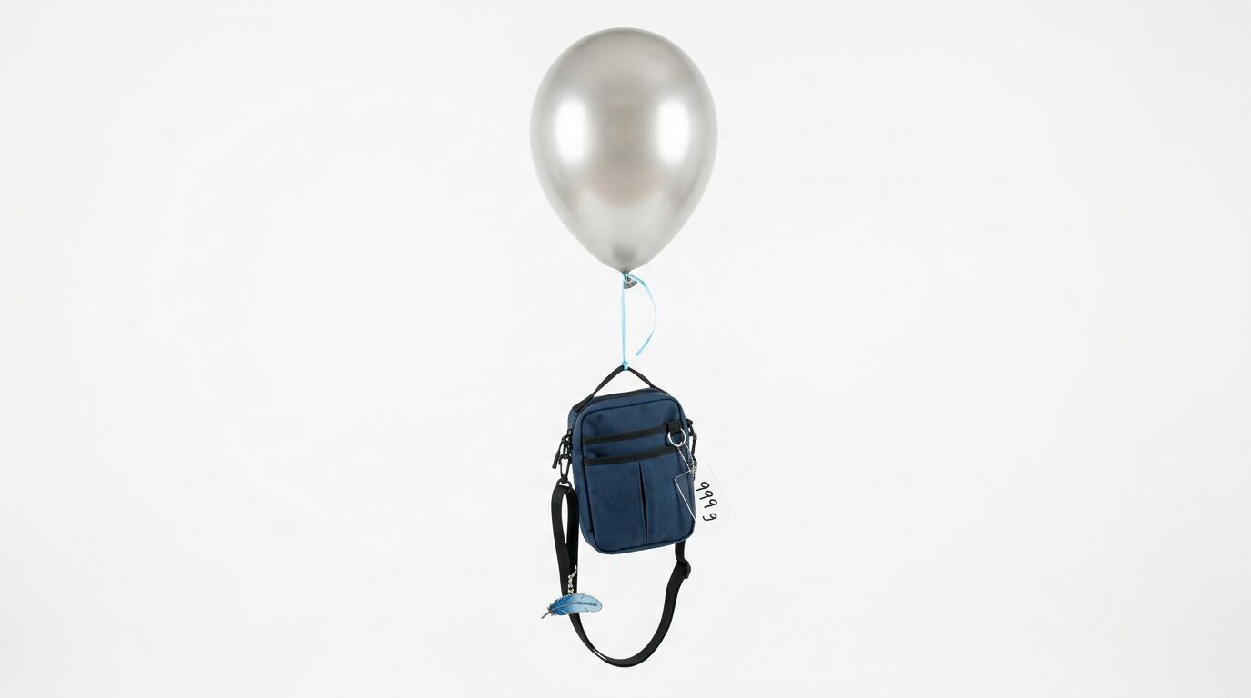 Ein silberner Ballon trägt eine blaue Umhängetasche mit einem Preisschild vor weißem Hintergrund