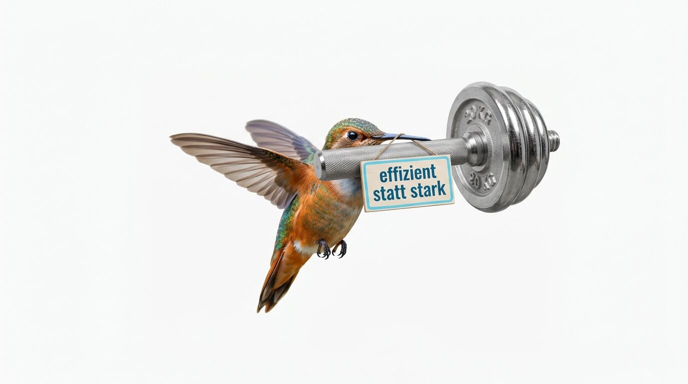 Kolibri trägt Hantel mit Schild „effizient statt stark“ vor weißem Hintergrund