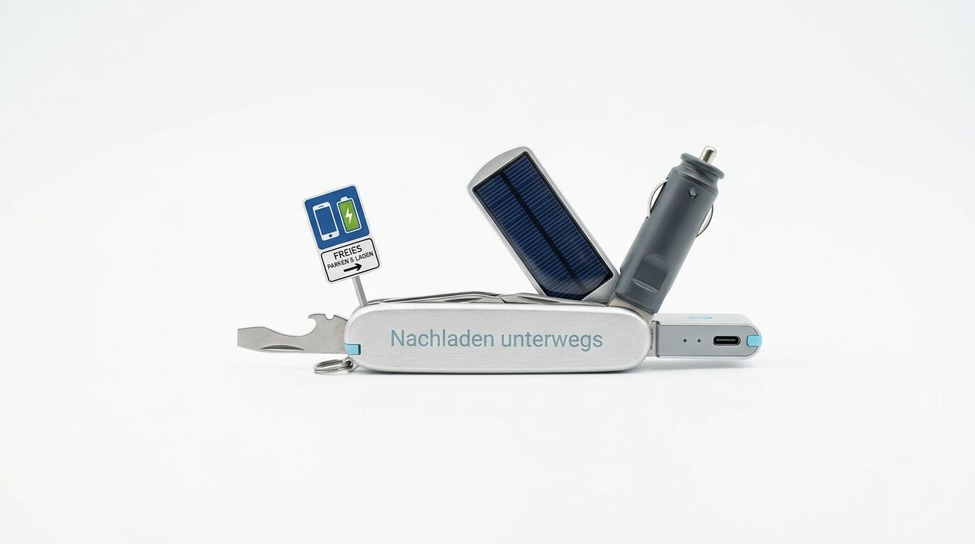 Ein multifunktionales Taschenmesser-artiges Gerät mit Ladezubehör und Schriftzug auf Weiß