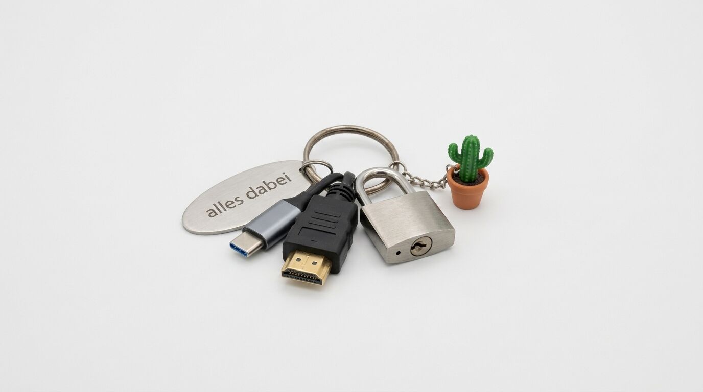Schlüsselring mit USB-C, HDMI, Vorhängeschloss, Kaktus und Anhänger „alles dabei“