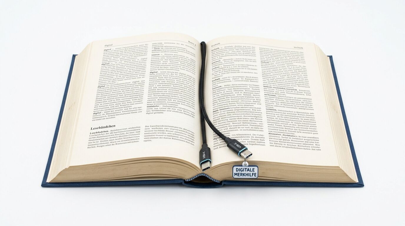Ein offenes Buch, darin ein Ladekabel und ein Schild mit der Aufschrift „DIGITALE MERKHILFE“