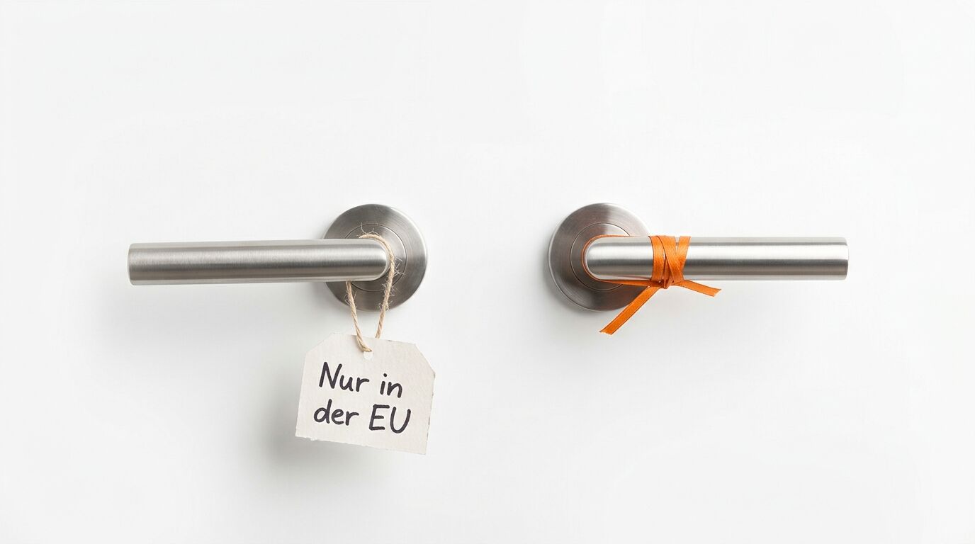 Zwei Türklinken, links ein Anhänger „Nur in der EU“, rechts eine orange Schleife