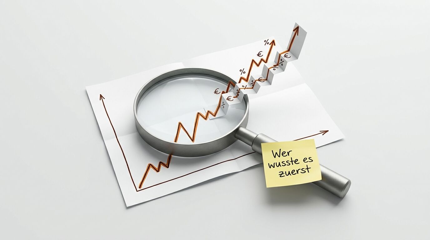 Diagramm mit Lupe, Treppe, Euro-Symbolen und Notiz mit „Wer wusste es zuerst“