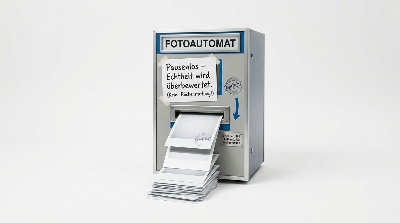 Ein Fotoautomat mit Text, aus dem ein Stapel Fotos herauskommt