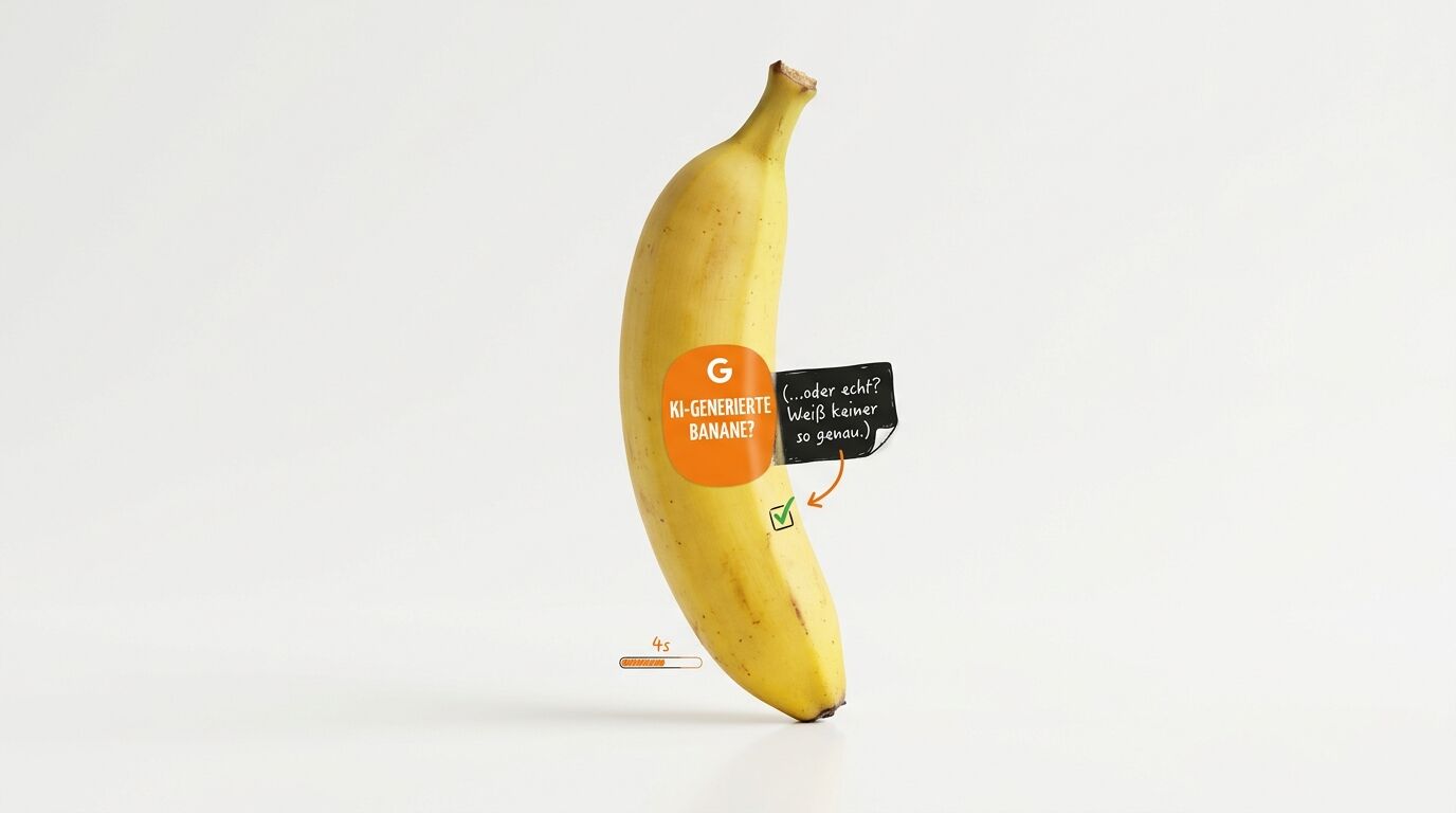 Banane mit Aufklebern, Häkchen und Balken auf weißem Grund