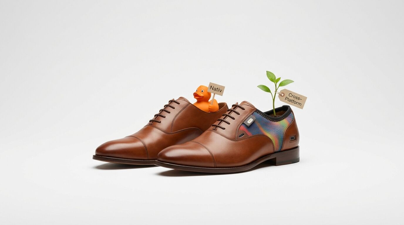 Ein Paar braune Schuhe: einer mit Badeente und Schild, der andere mit Pflanze und Schild