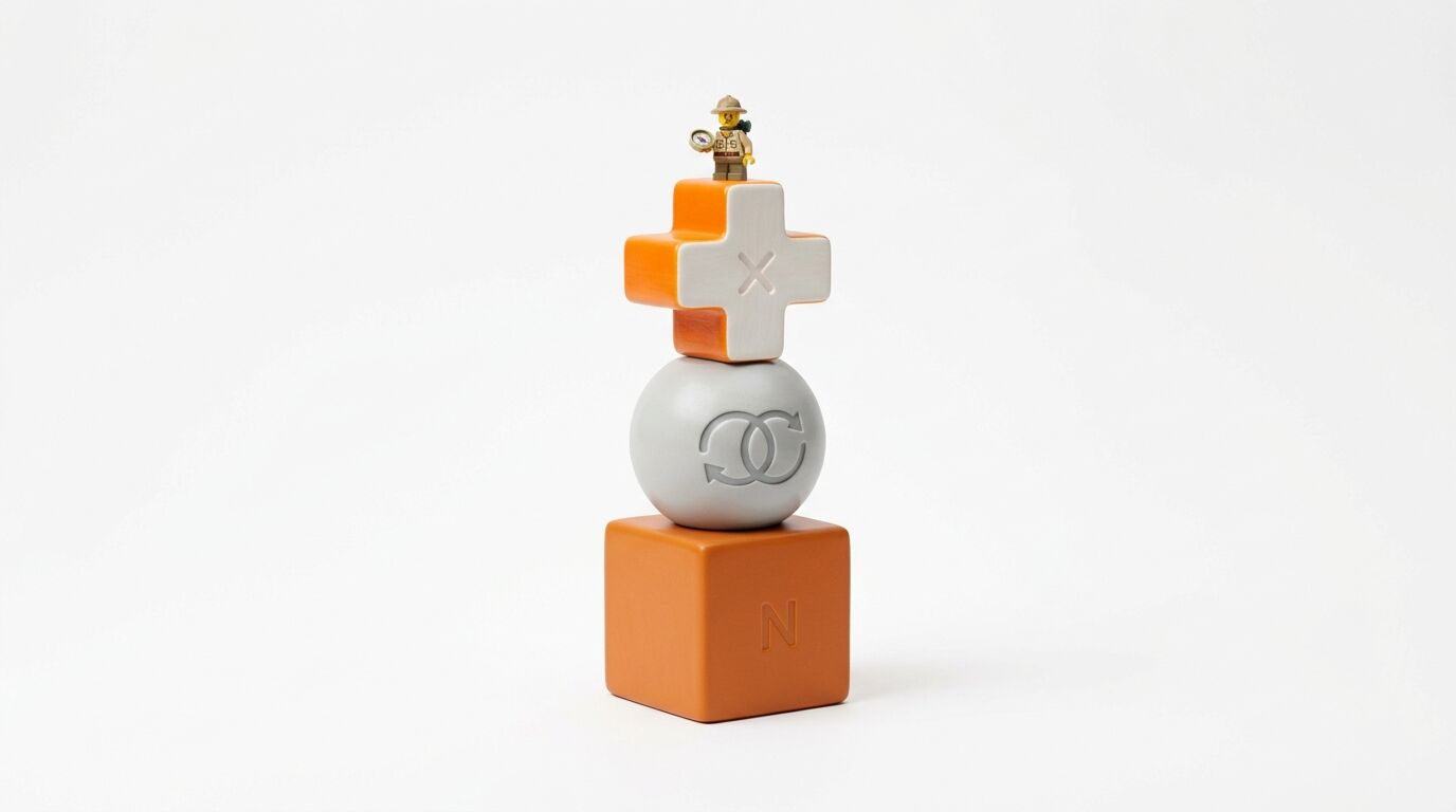 Stapel aus orangefarbenem Kubus, grauer Kugel, Kreuzform und Lego-Figur auf Weiß