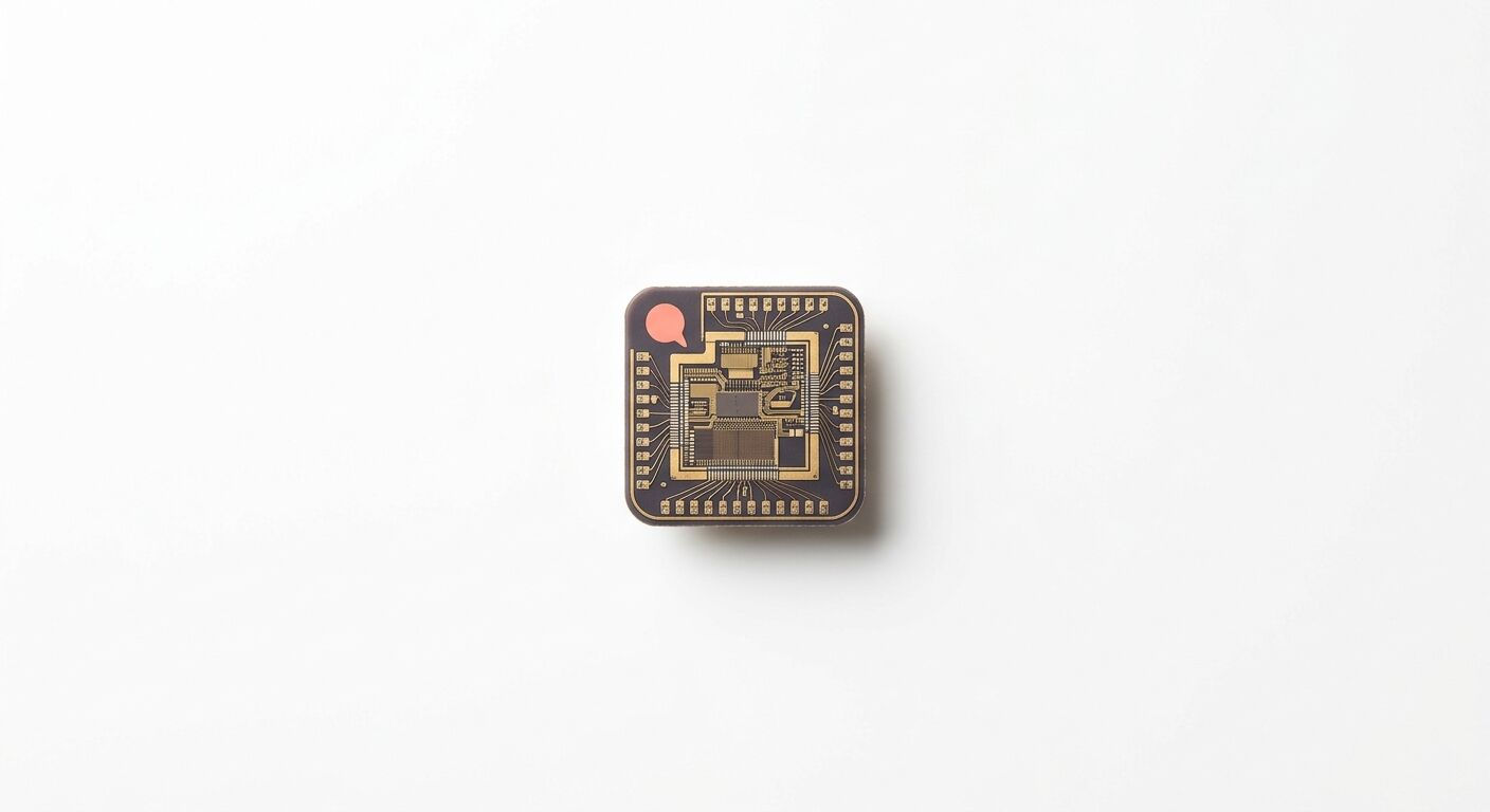 Draufsicht auf einen Mikrochip in Gold-Schwarz-Tönen mit rosa Punkt auf weißem Grund