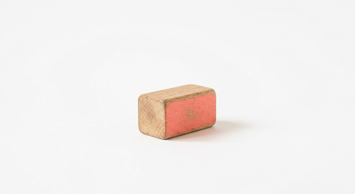 Ein kleiner, rechteckiger Holzklotz mit abgerundeten Ecken steht auf einer weißen Fläche. Die Vorderseite des Holzklotzes ist mit rosa Farbe bemalt, während die anderen Seiten unbehandelt sind. Der Klotz wirft einen weichen Schatten auf die Fläche