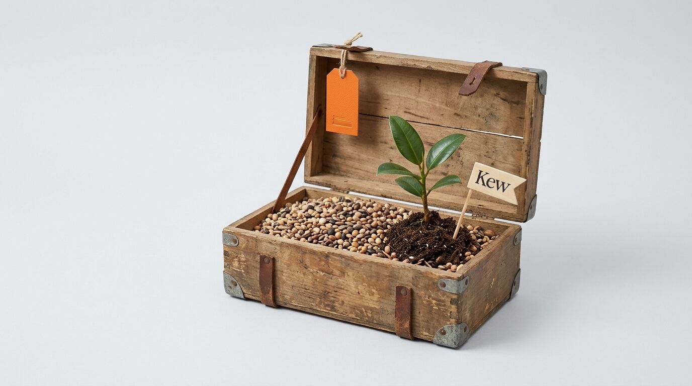 Geöffnete Holzkiste mit Samen, kleiner Pflanze, Anhänger und „Kew“-Schild auf grauem Grund
