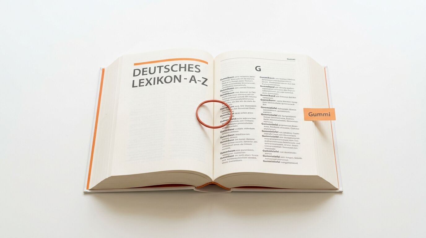 Aufgeschlagenes Deutsches Lexikon-A-Z mit Gummiband und einem Gummi-Registerreiter